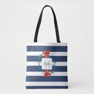 Monogram rode Floral Blue en White Stripes Tote Bag
