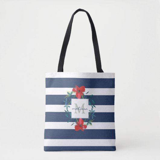 Monogram rode Floral Blue en White Stripes Tote Bag (Voorkant)