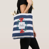 Monogram rode Floral Blue en White Stripes Tote Bag (Dichtbij)