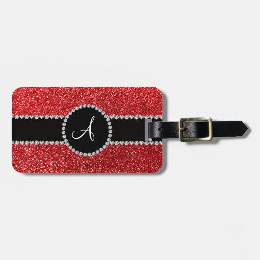 Monogram rode glitterdiamant zwarte cirkel bagagelabel (Voorkant horizontaal)