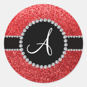 Monogram rode glitterdiamant zwarte cirkel ronde sticker