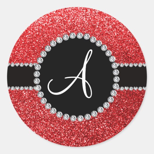 Monogram rode glitterdiamant zwarte cirkel ronde sticker (Voorkant)