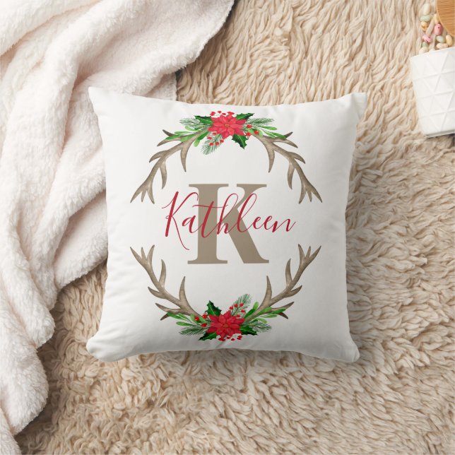 Monogram Rode Groene Kerst Bloemstuk Gewei  Kussen (Deken)