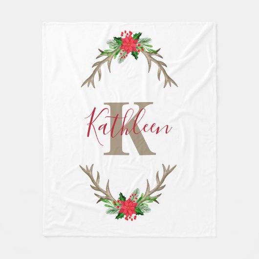 Monogram Rode Groene Kerst Bloemstuk met Geweien Fleece Deken (Voorkant)