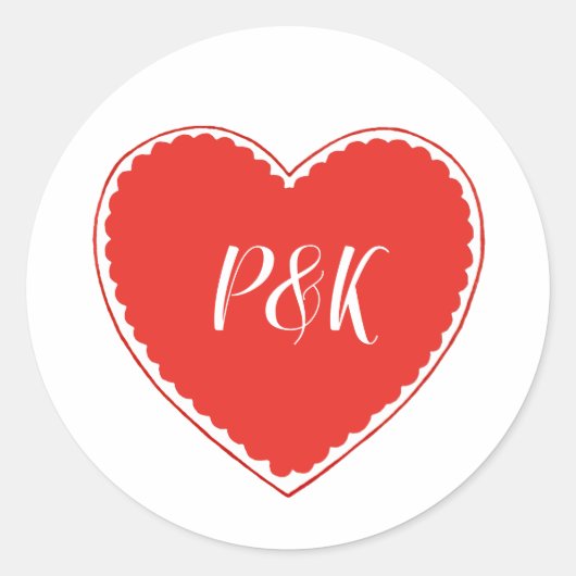 Monogram Rode Hart Valentijn Klassieke Ronde Stick Sticker (Voorkant)