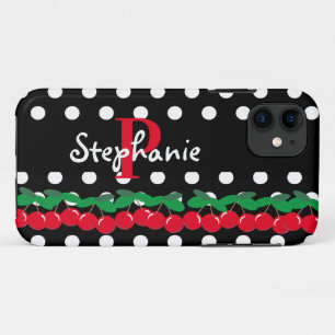 Monogram Rode Kersen Witte Polka Dots Retro Case-Mate iPhone Case