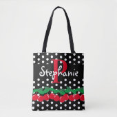 Monogram Rode Kersen Witte Polka Dots Retro Tote Bag (Voorkant)