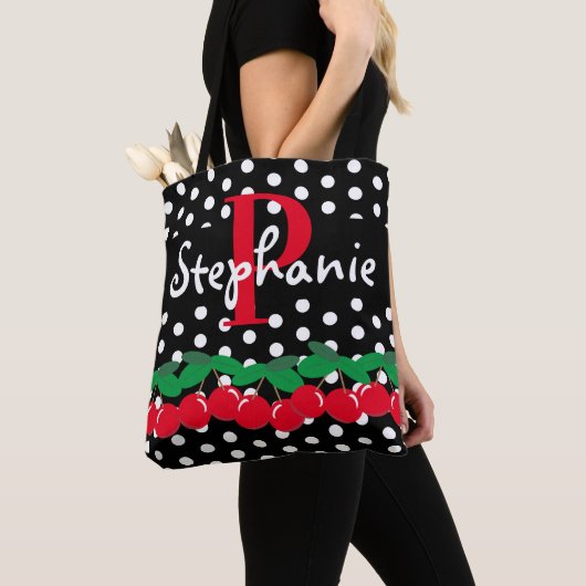 Monogram Rode Kersen Witte Polka Dots Retro Tote Bag (Dichtbij)
