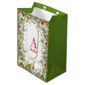 Monogram Rode Kerstmis elegante letter groen Medium Cadeauzakje (Voorkant Gekanteld)