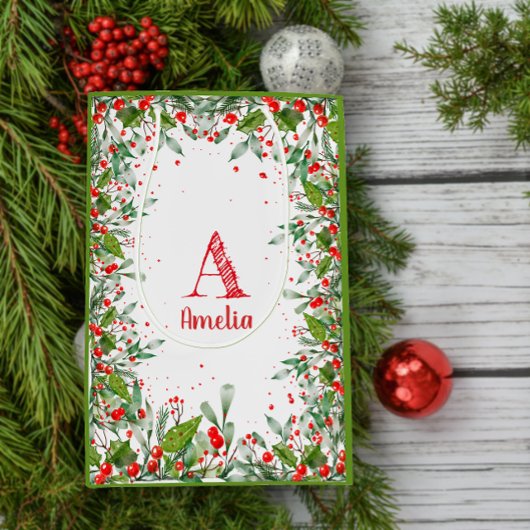 Monogram Rode Kerstmis elegante letter groen Medium Cadeauzakje