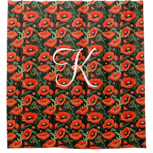 Monogram Rode Klaproos Klaprozen Bloemen Groene Pl Douchegordijn (Voorkant)