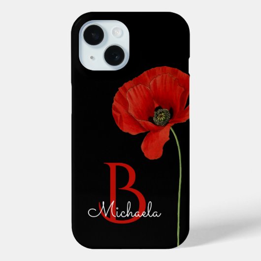Monogram rode klaproos op zwart stijlvol Case-Mate iPhone case (Achterkant)