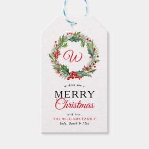Monogram Rode Krans Vrolijke Kerstfoto Cadeaulabel