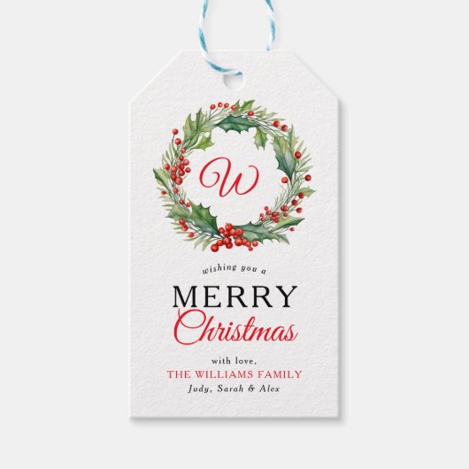Monogram Rode Krans Vrolijke Kerstfoto Cadeaulabel (Voorkant)