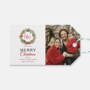 Monogram Rode Krans Vrolijke Kerstfoto Cadeaulabel