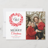 Monogram Rode Krans Vrolijke Kerstfoto Feestdagenkaart (Voorkant)
