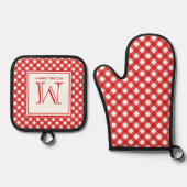 Monogram rode landstijl Gingham Patroon Ovenwant & Pannenlap Set (Voorkant)