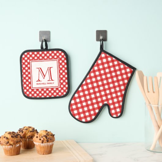 Monogram rode landstijl Gingham Patroon Ovenwant & Pannenlap Set (Insitu(Ophanging))