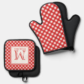 Monogram rode landstijl Gingham Patroon Ovenwant & Pannenlap Set (Voorkant / Achterkant)