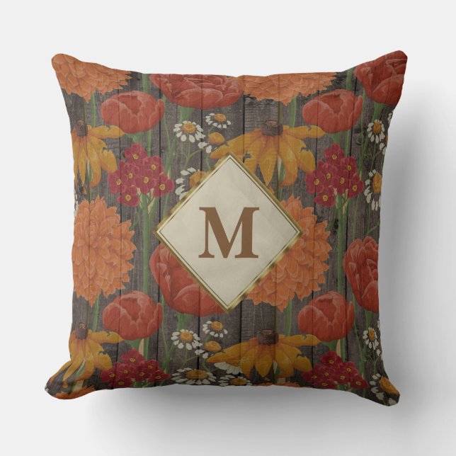 Monogram Rode Oranje bloemen en Daisies Brown Wood Kussen (Voorkant)