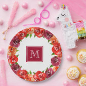 Monogram Rode Oranje Claret Bloem Papieren Bordje (Feest)