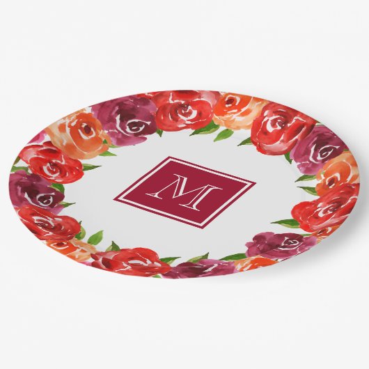 Monogram Rode Oranje Claret Bloem Papieren Bordje (Gekanteld)