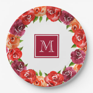 Monogram Rode Oranje Claret Bloem Papieren Bordje