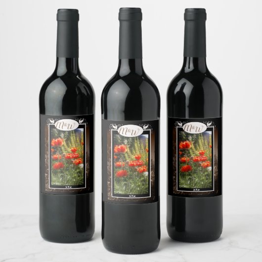 Monogram rode papavervleugels wijn etiket (Flessen)