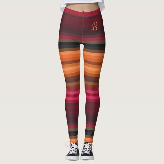 Monogram rode roze Oranje bruine grijze stapjes Leggings (Voorkant)