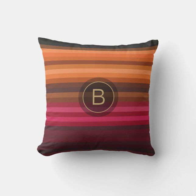 Monogram rode roze Oranje bruine grijze strip Kussen (Voorkant)