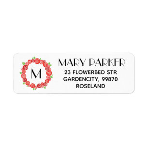 Monogram rode rozenkrans, lente bloesem natuur etiket