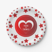 Monogram rode sterren en hart papieren bordje (Voorkant)