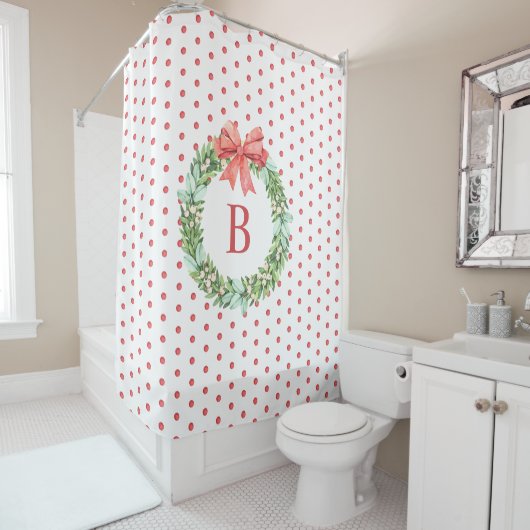 Monogram Rode Stippen Kerst Krans Douchegordijn (In situ)