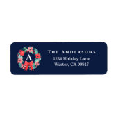 Monogram Rode Strik Krans Blauwe Vakantie Adreslab Etiket (Voorkant)