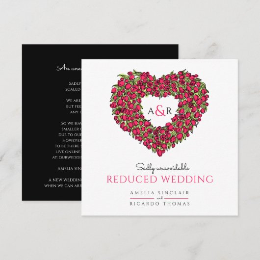 Monogram rode tulpen hart verminderde bruiloft aankondiging (Voorkant / Achterkant)