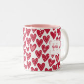 Monogram rode Valentijn hartpatroon Tweekleurige Koffiemok (Voorkant rechts)