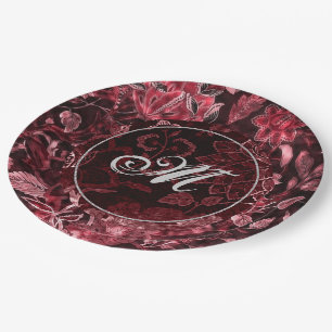 Monogram Rode Vintage Bord Floral Papier
