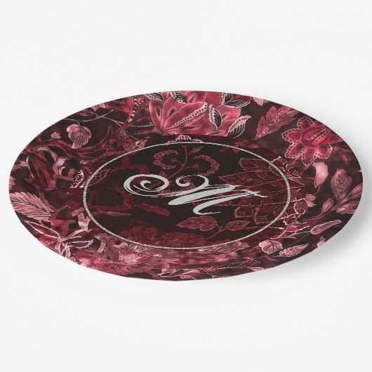 Monogram Rode Vintage Bord Floral Papier (Gekanteld)