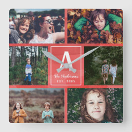 Monogram rode Waterverf en fotocollage Vierkante Klok