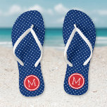 Monogram rode witte en blauwe kleine Stippen Teenslippers<br><div class="desc">Aangepast afgedrukte flip flop sandalen met een schattig meisjespokpuntpatroon en je aangepaste monogram of andere tekst in een cirkelvormige lijst. Klik aanpassen het om tekstdoopvonten en kleuren te veranderen of uw eigen afbeeldingen toe te voegen om unieke één van een soortontwerp te creëer!</div>