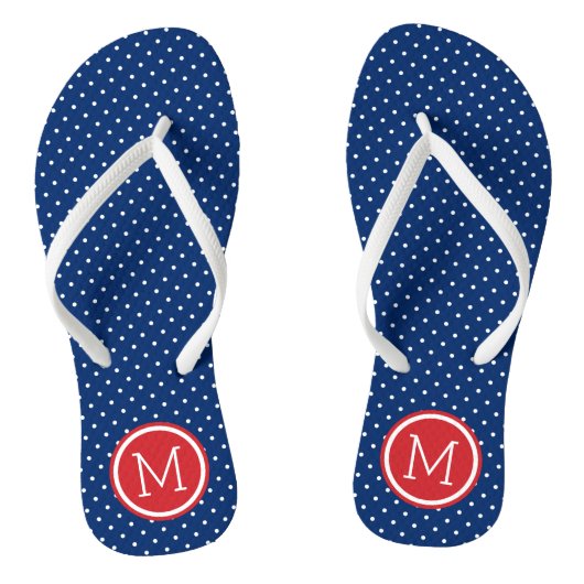 Monogram rode witte en blauwe kleine Stippen Teenslippers (Voetbed)