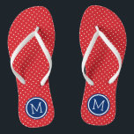 Monogram rode witte en blauwe kleine Stippen Teenslippers<br><div class="desc">Aangepast afgedrukte flip flop sandalen met een schattig meisjespokpuntpatroon en je aangepaste monogram of andere tekst in een cirkelvormige lijst. Klik aanpassen het om tekstdoopvonten en kleuren te veranderen of uw eigen afbeeldingen toe te voegen om unieke één van een soortontwerp te creëer!</div>