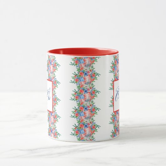 Monogram rode witte en blauwe naam op 4 juli mok (Midden)