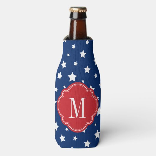 Monogram rode witte en blauwe patriottische sterre flesjeskoeler (Fles Voorkant)