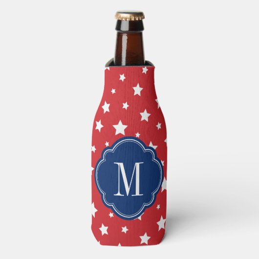 Monogram rode witte en blauwe patriottische sterre flesjeskoeler (Fles Voorkant)