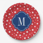 Monogram rode witte en blauwe patriottische sterre papieren bordje (Voorkant)