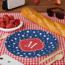 Monogram rode witte en blauwe patriottische sterre papieren bordje