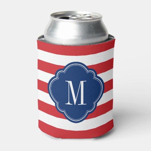 Monogram rode witte en blauwe patriottische strepe blikjeskoeler (Blikje Voorkant)