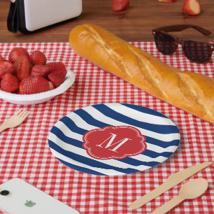 Monogram rode witte en blauwe patriottische strepe papieren bordje