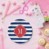 Monogram rode witte en blauwe patriottische strepe papieren bordje (Feest)